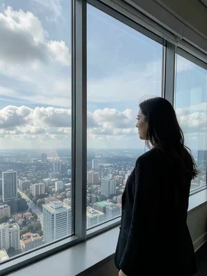 Woman at window of high-rise, city below, clouds level with her, the altitude of