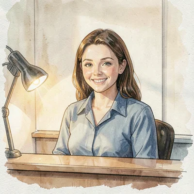 Practitioner portrait of a pediatric receptionist smiling at the front desk, war
