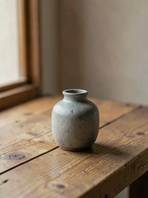 A single small ceramic vase glazed in cloudy stone-grey holding nothing, sitting
