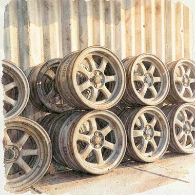 Atmospheric crop of a row of wheels stacked against a corrugated wall in golden