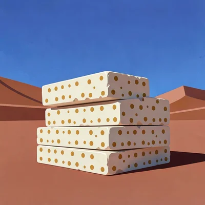 Stacked salt blocks in cream and ochre dot a copper-red mining playa under a vas