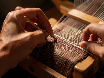 Fingers weaving weft thread through taut warp on a small tabletop loom