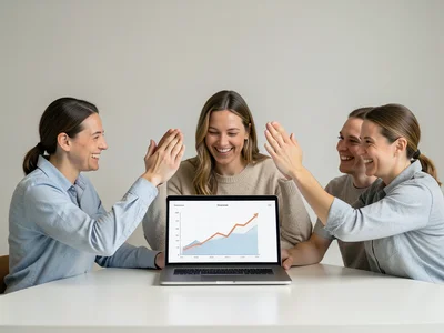 Team celebrating around a laptop showing a graph going up, high fives, genuine s