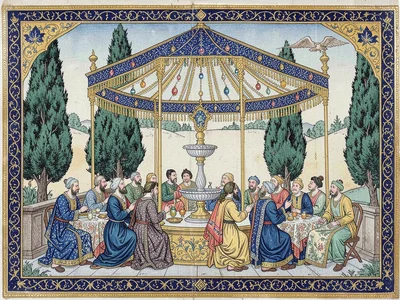 Outdoor feast beneath a jeweled canopy with cypress trees and a fountain