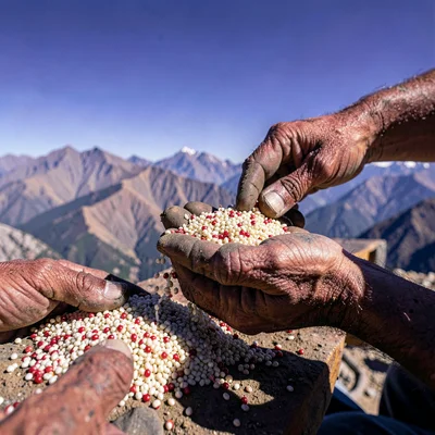 High altitude photograph, thin mountain air, Hands sorting quinoa, the grains wh