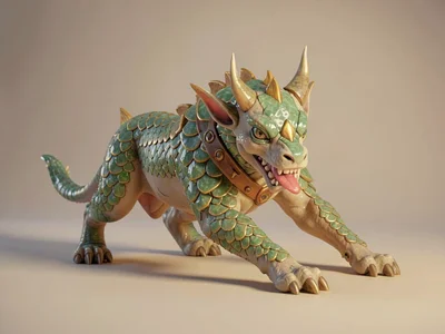 Gallant qilin in mid-bow with one foreleg extended forward and head lowered in g