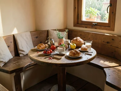 Breakfast nook with built-in bench seating, round table, morning light, coffee a