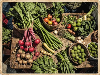 Overhead view of farmers market table with spring vegetables, radishes and peas