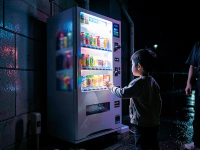 Child pressing face to vending machine glass, the want visible in glow, parent's