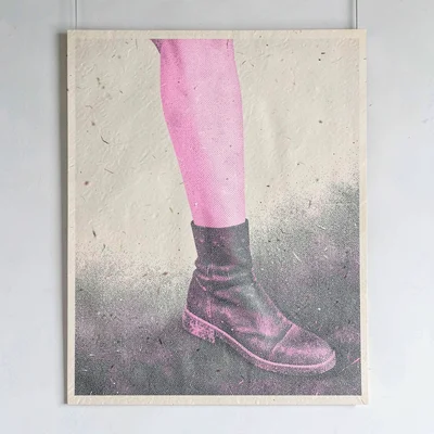 Bram-screenpress poster of a halftone leg-and-boot silhouette in pink and slate 