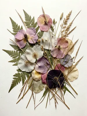 A botanical collage: overlapping pressed flowers, fern fronds, and grass stems c