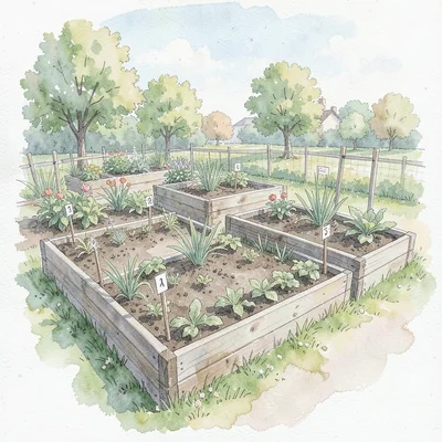 Pale wash of a community garden plot in early summer, raised beds with markers