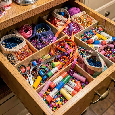 Densely layered composition, rich saturated colors, Craft supply drawer open rev