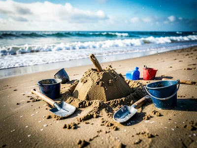 Family building sandcastle on empty beach at low tide, buckets and shovels scatt