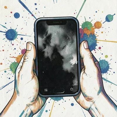 Risograph-style illustration, hands holding smartphone , spot color layer simula