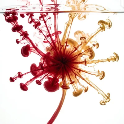 Red and gold ink blooming in water, festive warmth, holiday swirl
