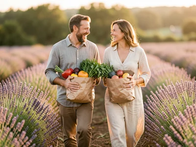 A couple walking through a lavender field holding brown paper bags of fresh prod