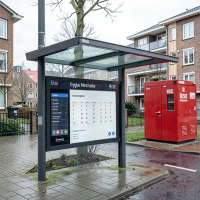Danish design infrastructure, hygge mechanics, Bus shelter with integrated sched
