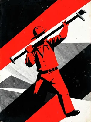 Worker carrying beams over shoulder, dramatic diagonal composition