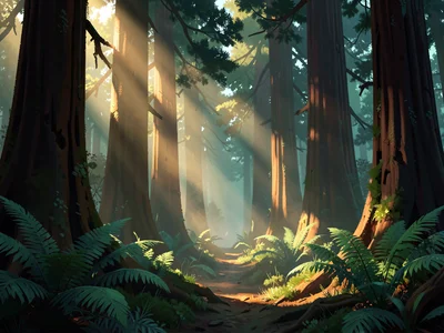Old-growth redwood corridor with shafts of golden light spearing through dust ha
