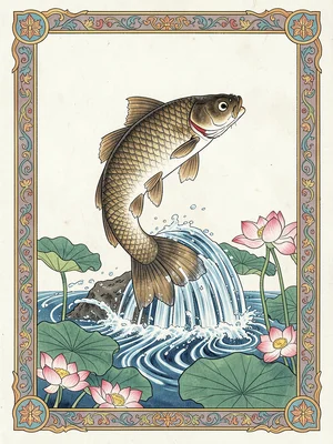 Carp leaping upward through a cascade of water with lotus pads