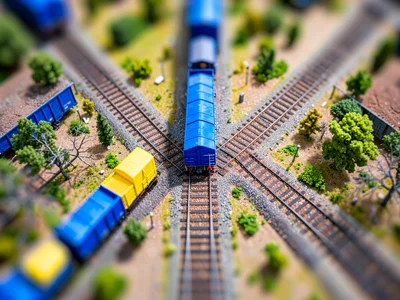 Overhead tilt-shift miniature of a railroad classification yard from drone heigh