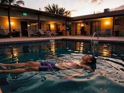 A motel swimming pool at dusk, one swimmer floating face-up, water gone amber