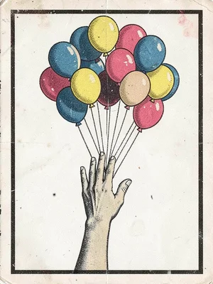 A hand reaching up toward a cluster of floating balloons