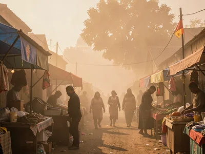 Market stalls as ghost shapes through dense afternoon dust