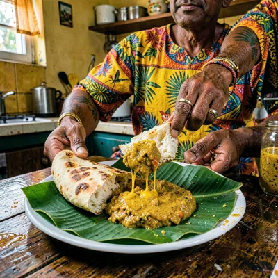 Vivid photograph with Trinidadian cultural fusion aesthetic, Curry with dhalpuri