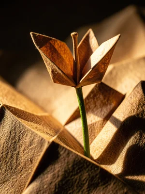 Single origami lily with real flower stem, paper and nature combined