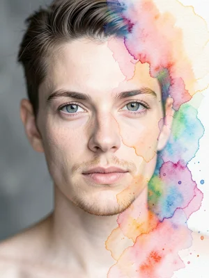 Portrait face where left half is crisp photograph and right half dissolves into 