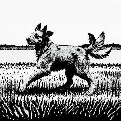 1-bit dithered illustration, dog running in field , black and white only, dither