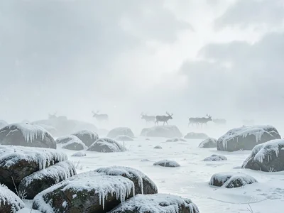 Tundra rocks crusted with rime under low cloud, distant herd of reindeer just da