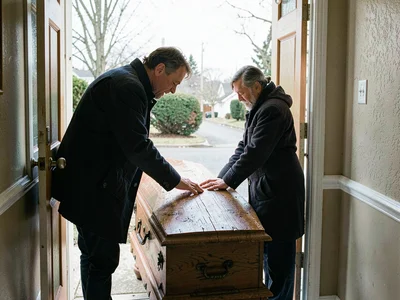 Last person at wake leaving, touching coffin one more time, the exit no one want