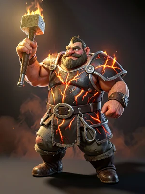 Ember-clad dwarven forge-warden in fire-veined breastplate with iron tongs at th