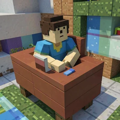 Voxel 3D illustration, voxel person sitting at desk , cubic voxel construction, 