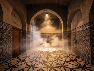 Traditional hammam interior with star-pattern marble floor, steam, arched doorwa