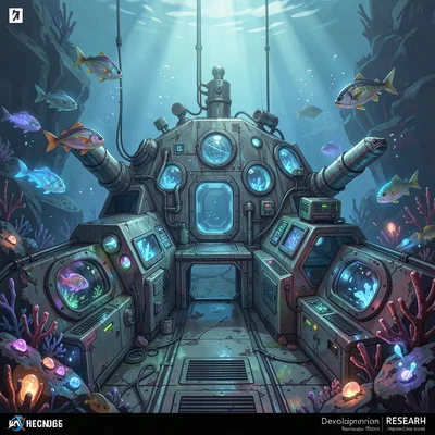 Video game concept art illustration, an underwater research facility, biolumines
