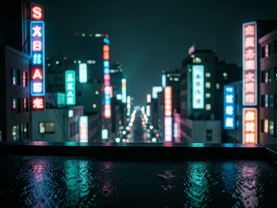 A rooftop view of neon signs layered at different depths, the nearest sharp, dis
