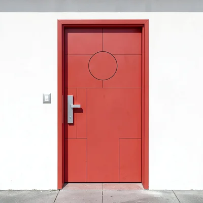 Single primary-red door in white wall, geometric handle, flush frame