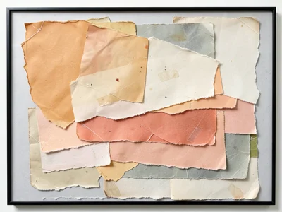 Cascade of overlapping torn tissue paper in warm tones: amber, peach, cream, sal