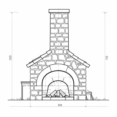 Schematic blueprint of a stone forge with chimney cross-section, technical ortho