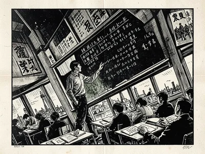 A teacher at a chalkboard covered in equations, students at desks below, the cla