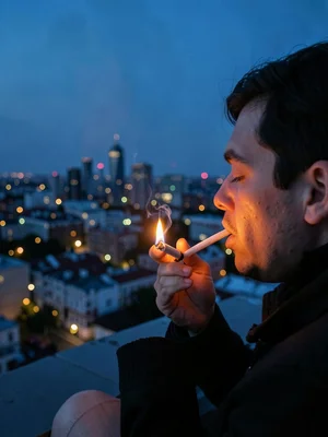 Someone smoking their first cigarette in six months on a rooftop during blue hou