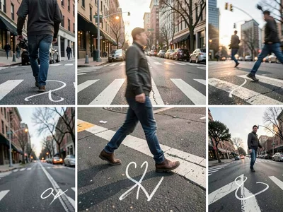 Single pedestrian's walk across intersection in multiple exposure, movement as s