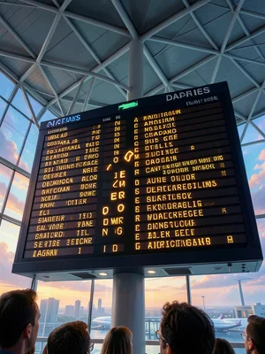 An airport departures board shot from below, the split-flap mechanical display m