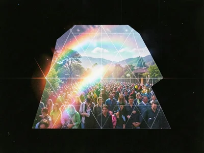 Double exposure of diverse crowd with rainbow light, geometric grid