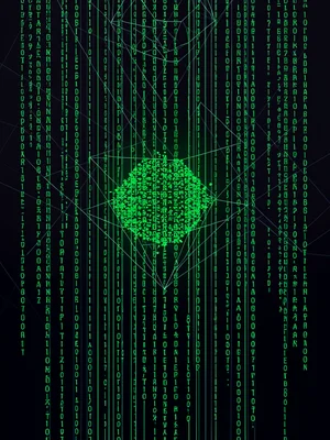 Binary code raining down a dark surface, green characters, single highlighted da