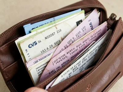 Wallet opened revealing accordion of receipts, the spending archaeology, dates v